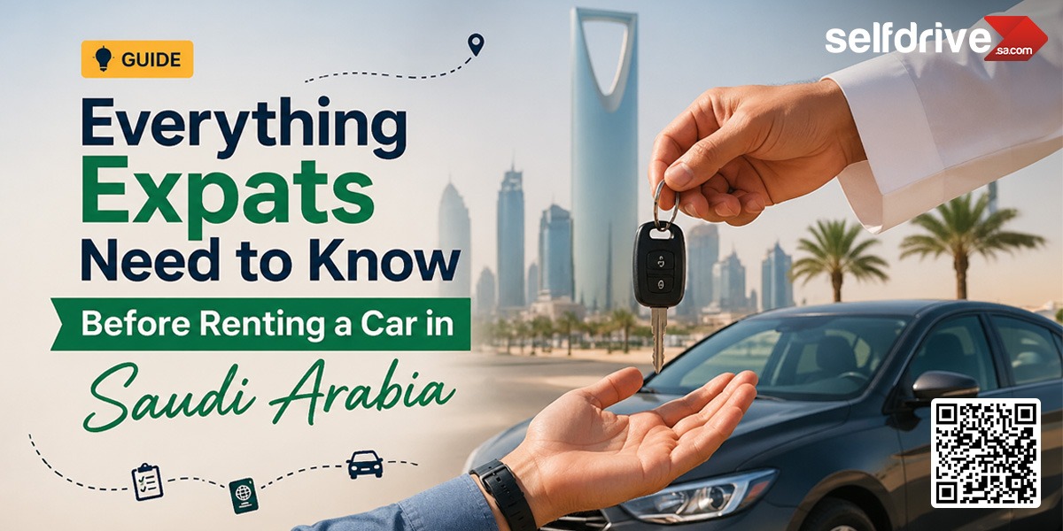 A guide for expats on renting a car in Saudi Arabia. Text and an image of car keys being handed over, with a city skyline in the background.